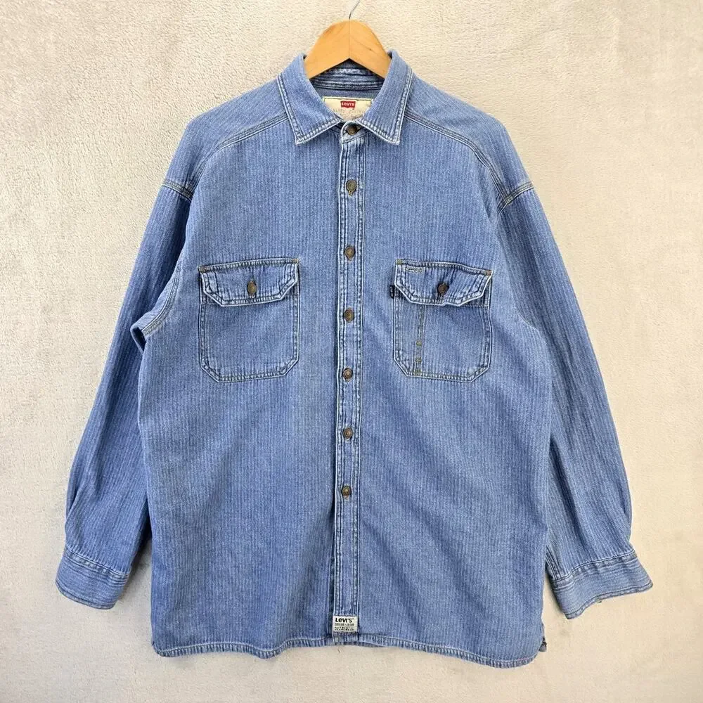 Vintage 90s Levis Denim Metal Button Up Shirt Large Blue Tab Ticking Stripe